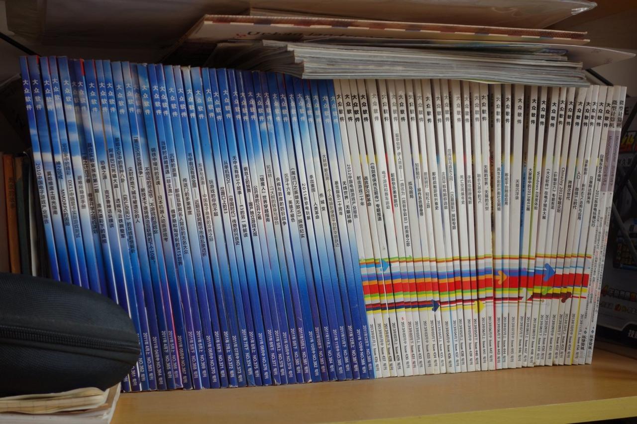 一部分《大众软件》杂志的收藏。这些杂志分别是2011年刊和2013年的刊。大软的书脊是可以拼图的