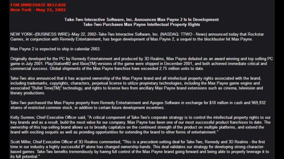 《马克思佩恩2》宣布的新闻稿