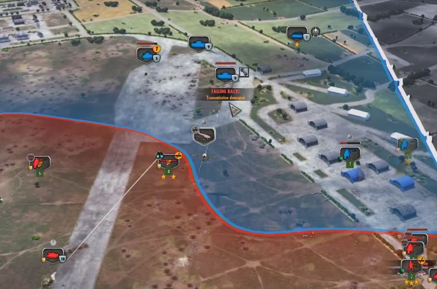注意：蓝色坦克被飞机压制撤退，但又由于履带被打断，只能被左下方坦克炮击