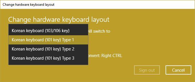 在 Windows 10 微软韩语输入法中，物理键盘布局的设置选项有 101 和 103/106 两大类