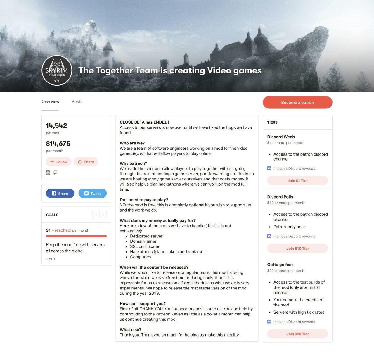 Skyrim Together 团队的 Patreon 主页